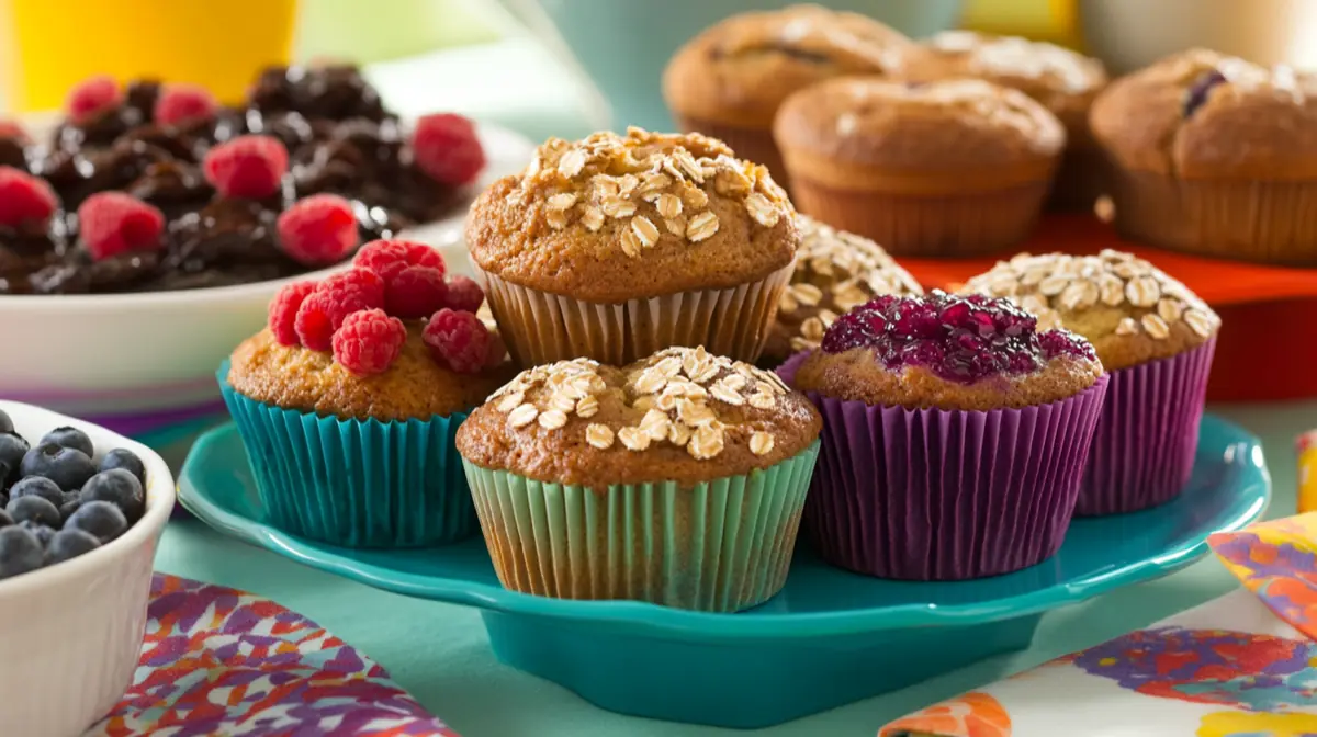 A colorful assortment of healthy breakfast pastries, including whole grain muffins and fruit-filled pastries on a bright table setting