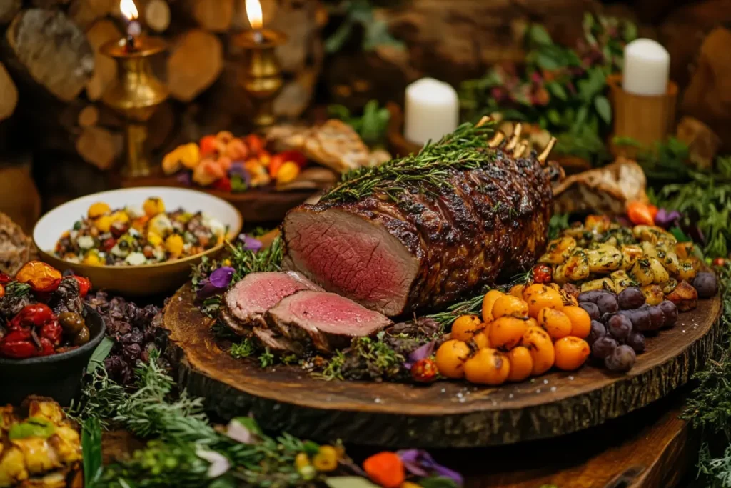 A beautifully plated venison roast with colorful side dishes and garnishes