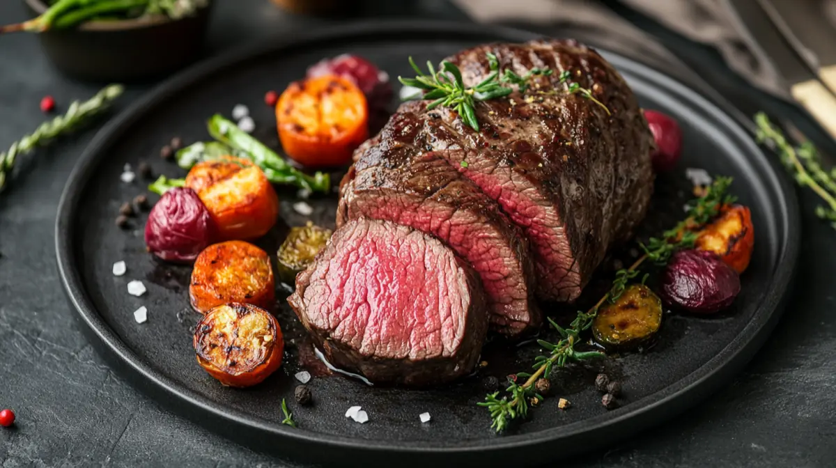 A beautifully plated beef tenderloin dish, garnished with herbs and vegetables, showcasing the final result of slow cooking