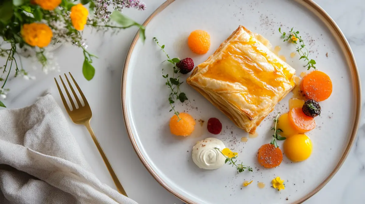 A beautifully plated puff pastry breakfast dish, showcasing a variety of savory and sweet options, fresh ingredients, and a vibrant breakfast setting