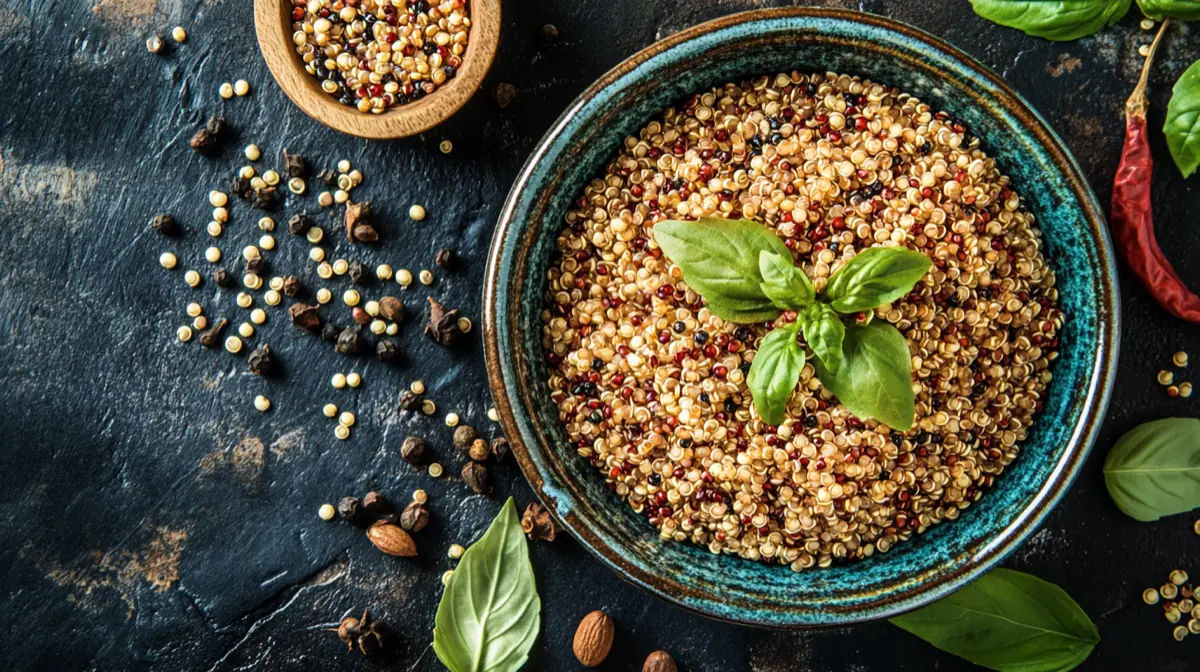 A colorful bowl of puffed quinoa topped with fresh herbs and spices