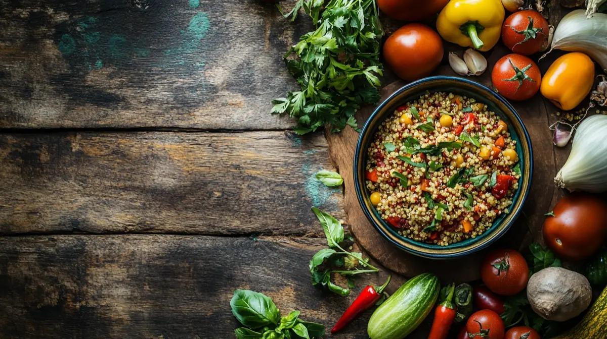 A vibrant bowl of quinoa rice with vegetables