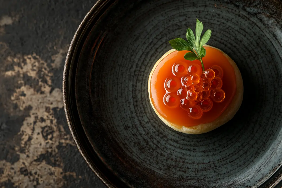 Elegant appetizer featuring salmon roe on blinis