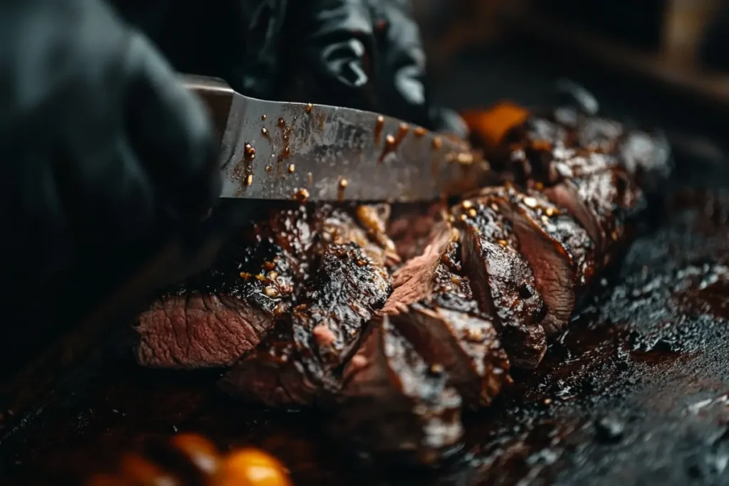 A perfectly cooked venison roast being sliced, showcasing its tenderness and juiciness