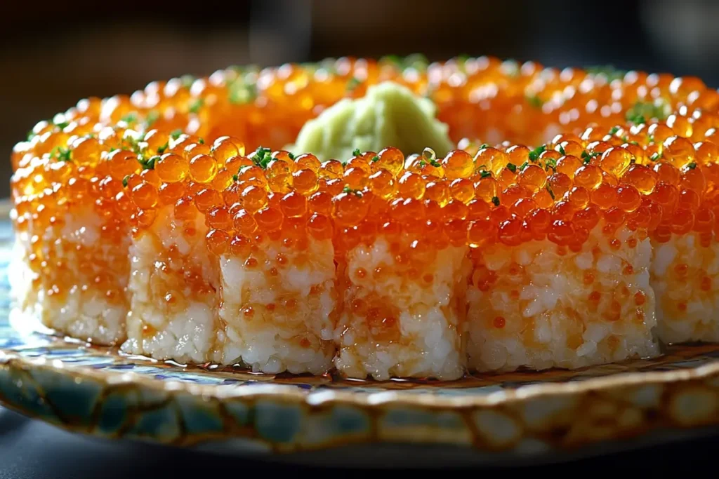 An image depicting a plate of sushi topped with flying fish roe, showcasing the colorful and crunchy texture of the roe against the backdrop of a beautifully arranged sushi platter