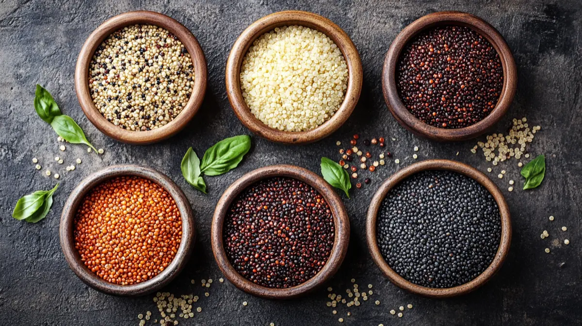 A colorful display featuring tri-colored quinoa