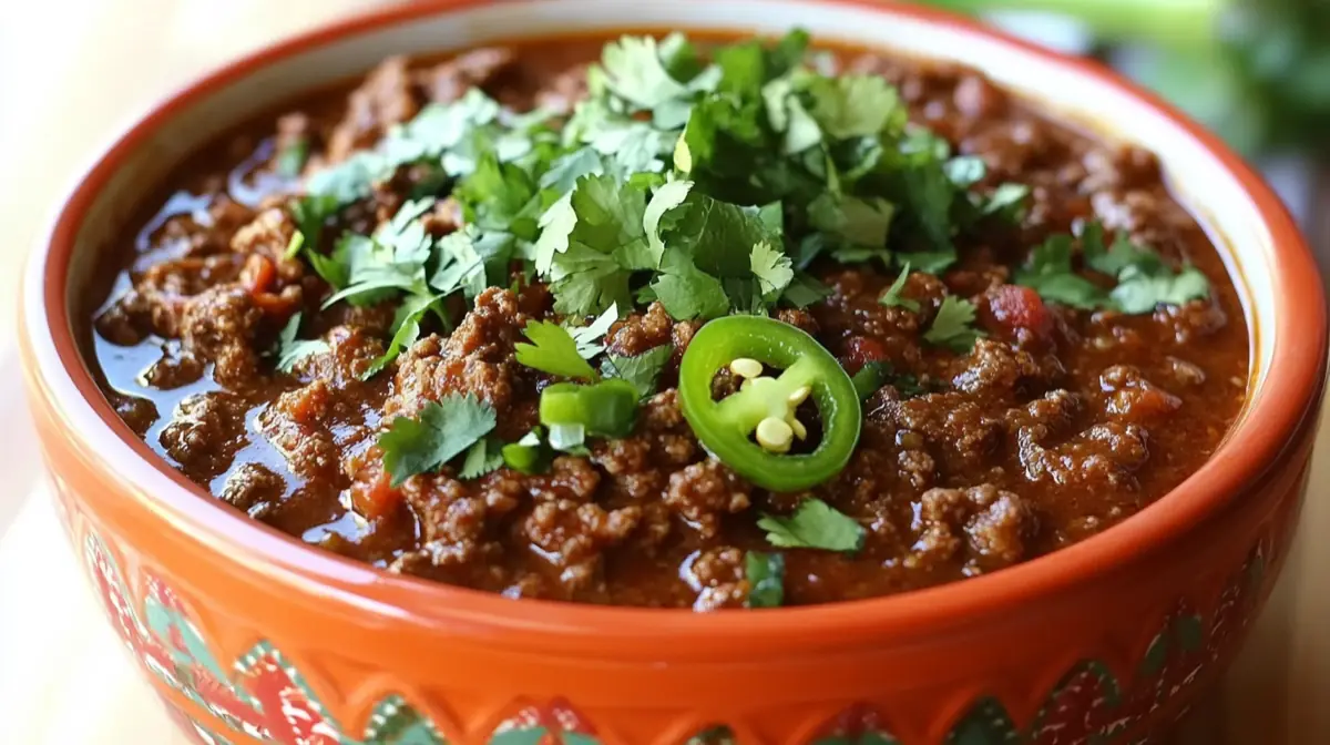 A vibrant bowl of venison chili topped with fresh cilantro and jalapeños