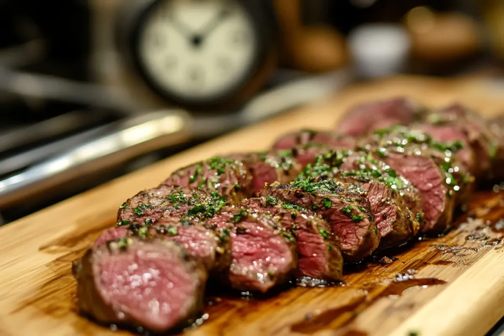 A well-prepared venison steak on a cutting board with a timer nearby