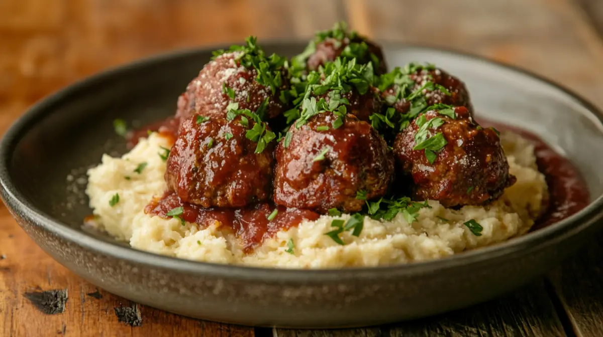 Mouthwatering venison meatballs on a plate, garnished with parsley, with a rustic wooden background