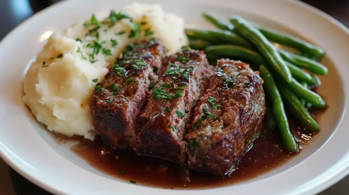 Venison Meatloaf with fresh herbs and spices, showing a beautifully plated dish with a side of mashed potatoes and green beans