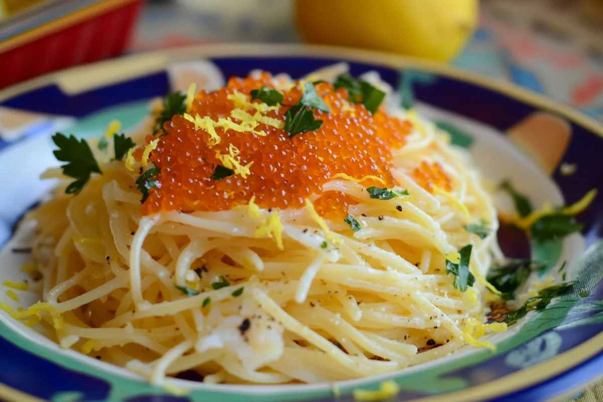 Pasta topped with flying fish roe.