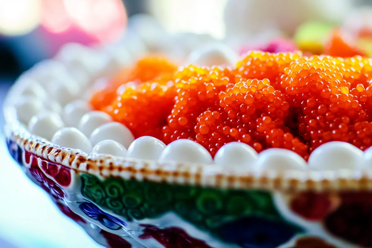 Vibrant tobiko eggs in a bowl.